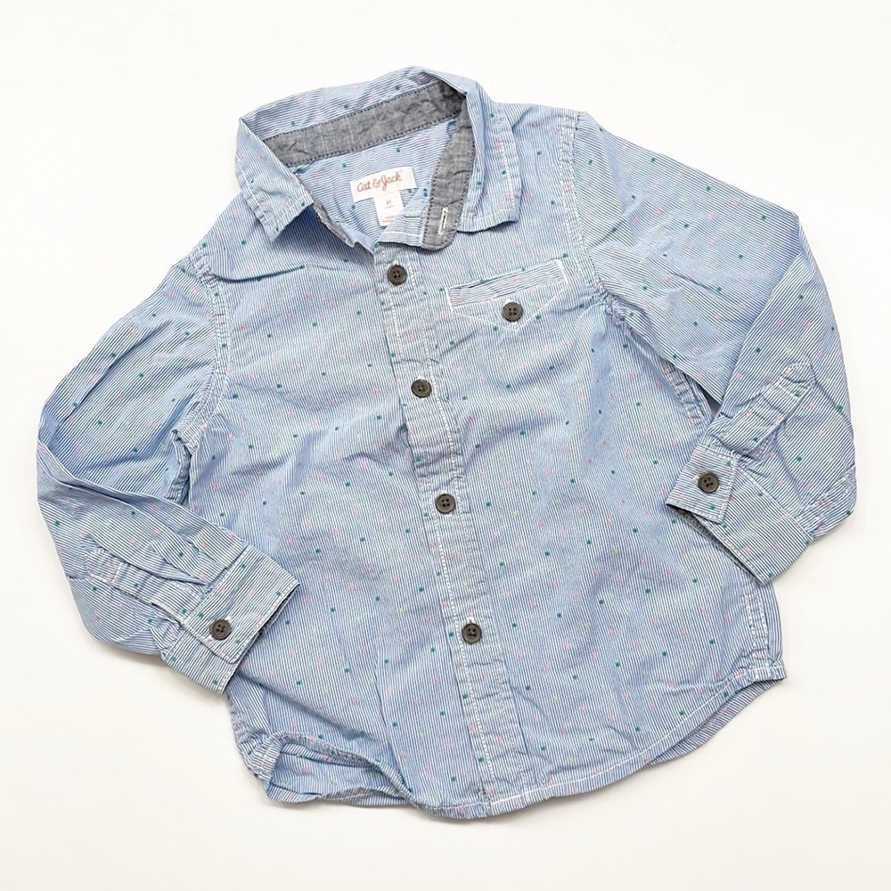 Cat & Jack toddler boys light blue striped polka dot print long sleeve button do
